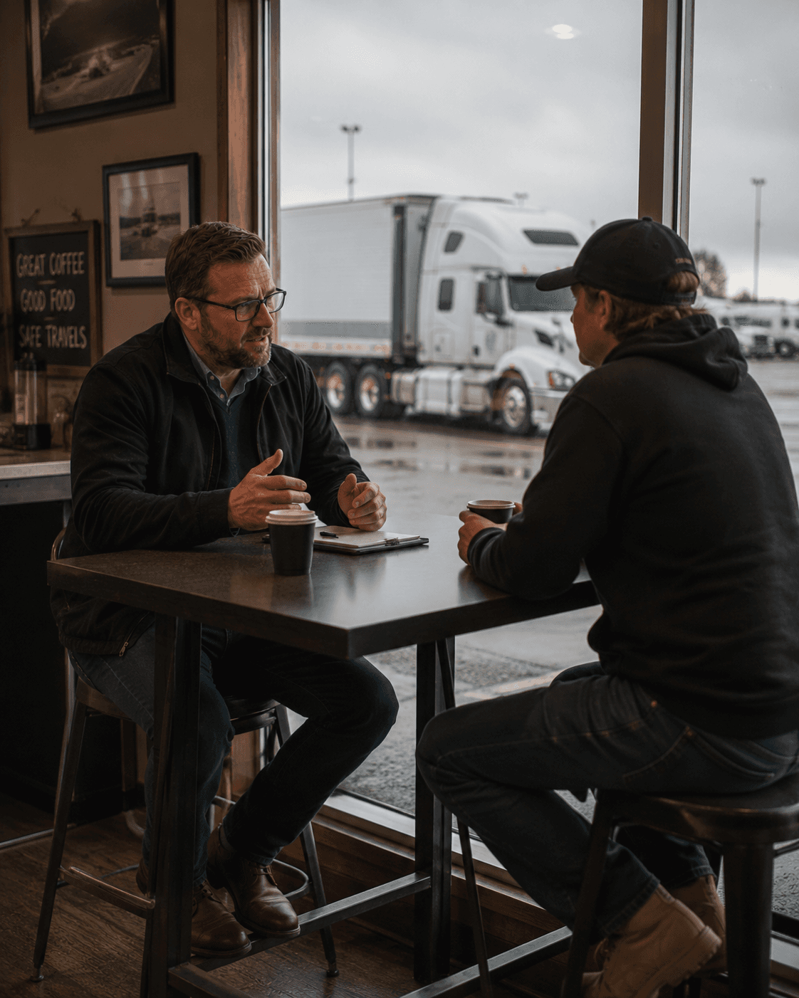 Truck operator meeting a broker at an Australian roadhouse
