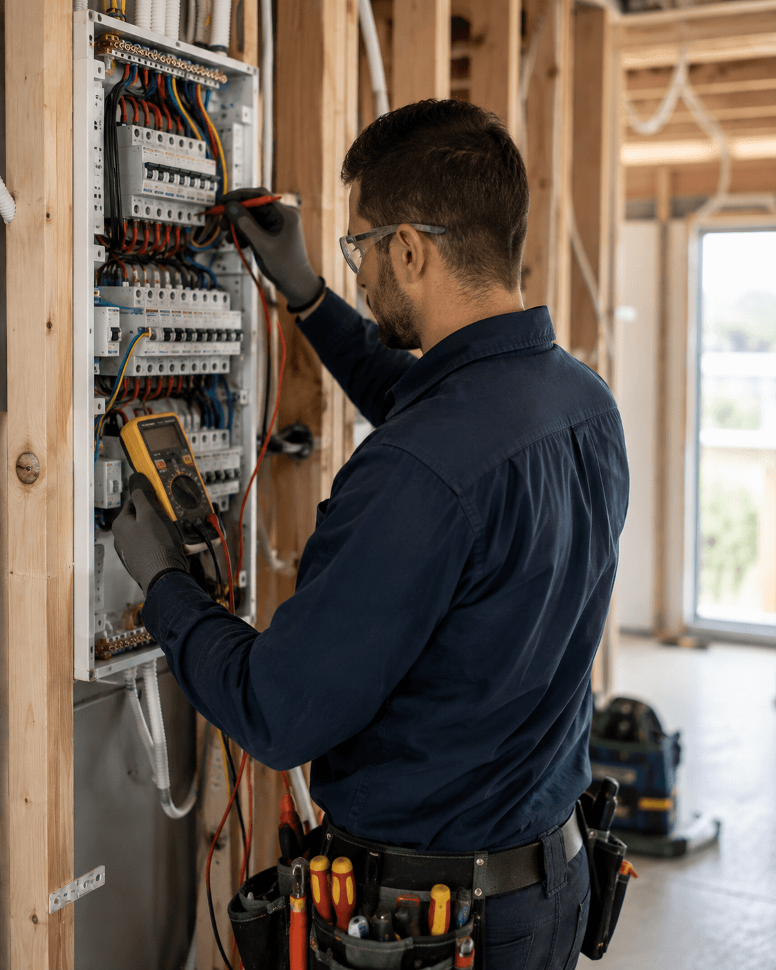 Electrician working at a residential switchboard in Australia — electrician insurance