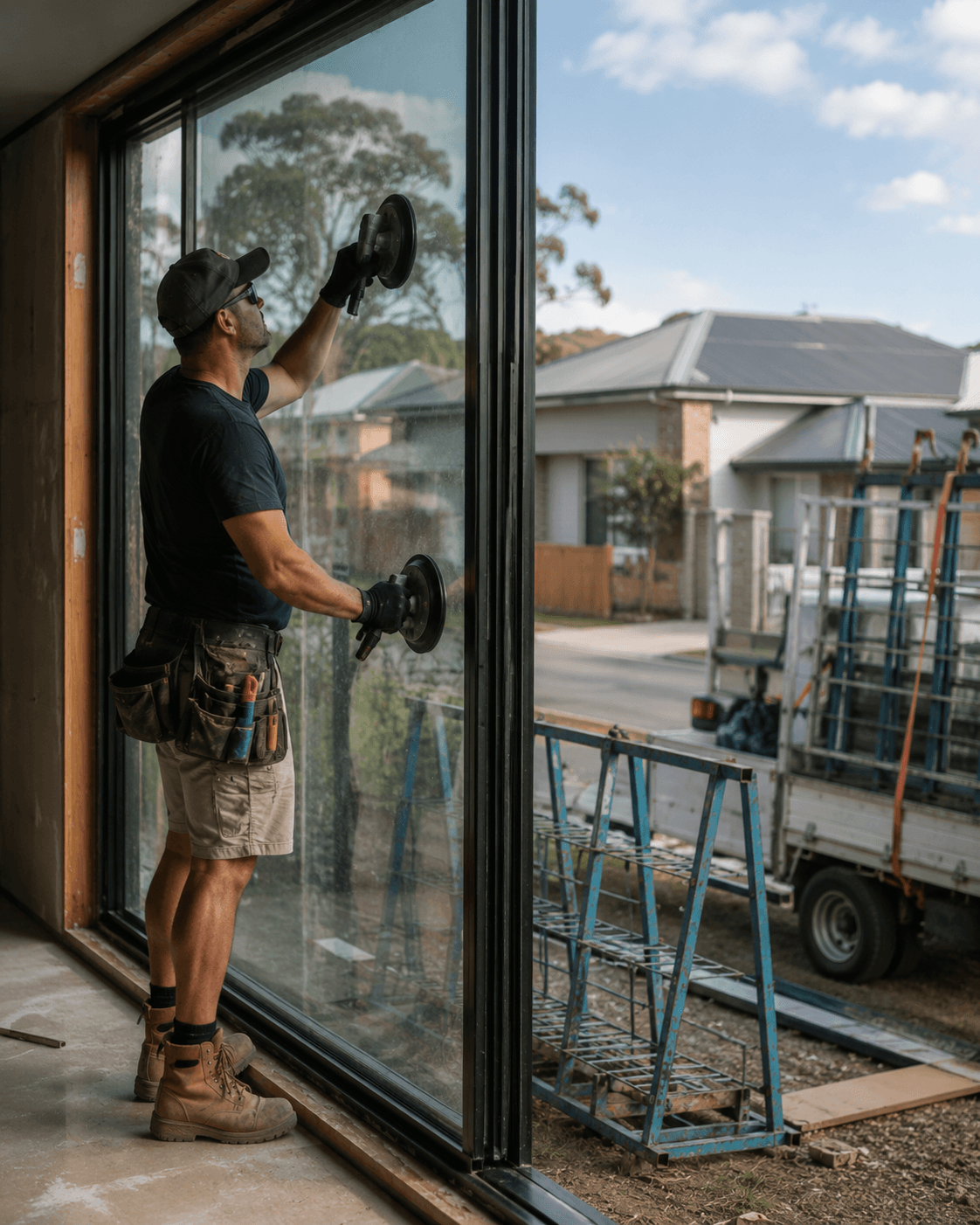 Glazier installing a window on an Australian house — glaziers insurance