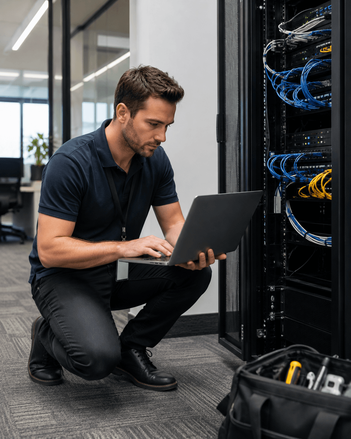 IT technician working at a client comms cabinet — Ideal Insurance Brokers