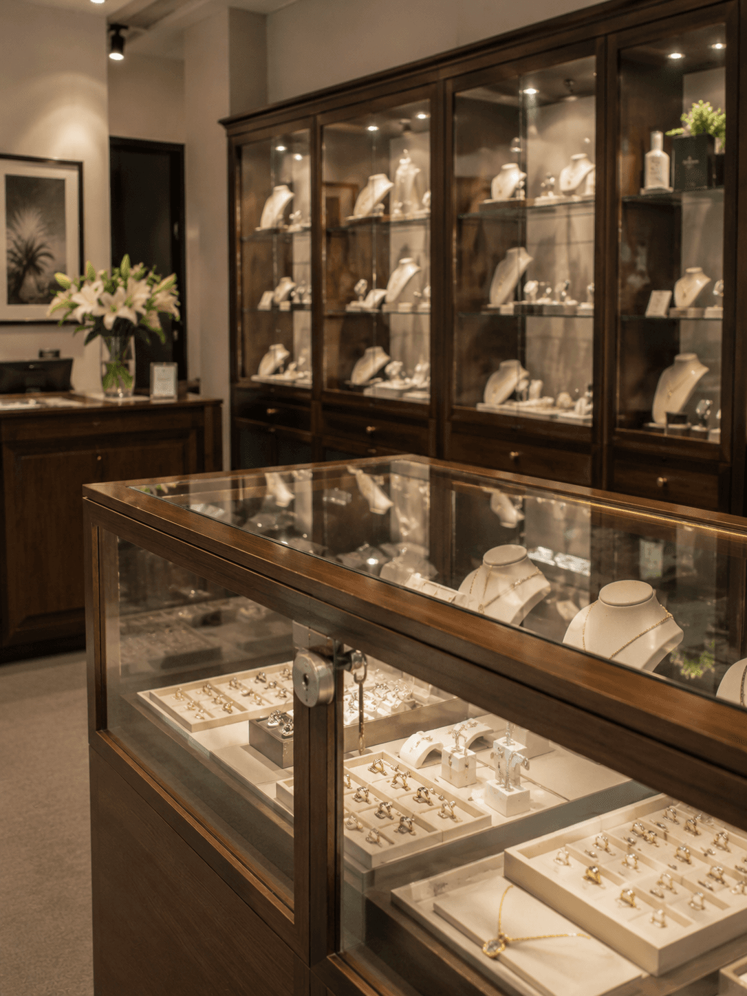 Locked jewellery display cabinets in an Australian store — jewellery store insurance