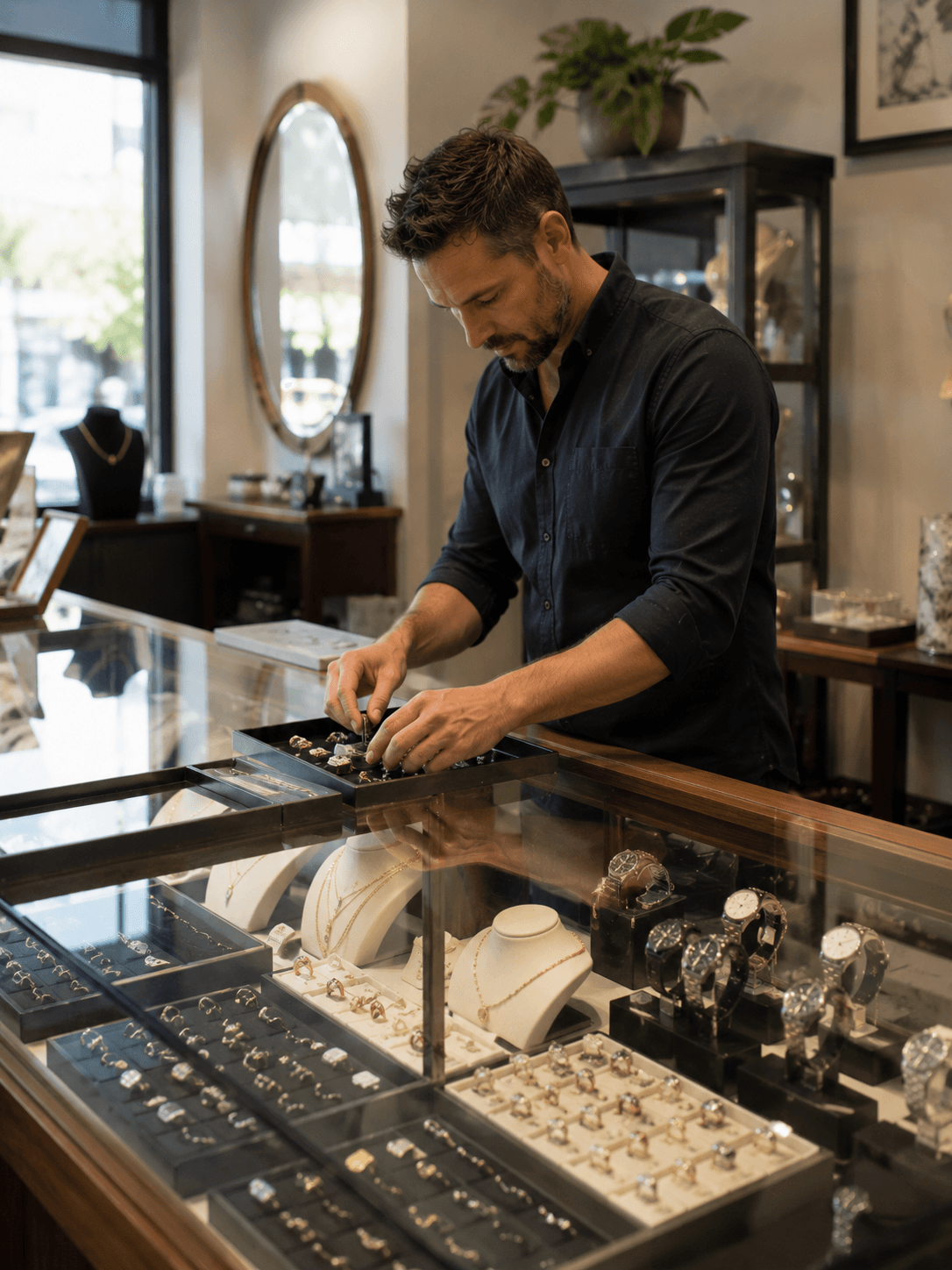 Jeweller behind a display counter in an Australian jewellery store — jewellery store insurance