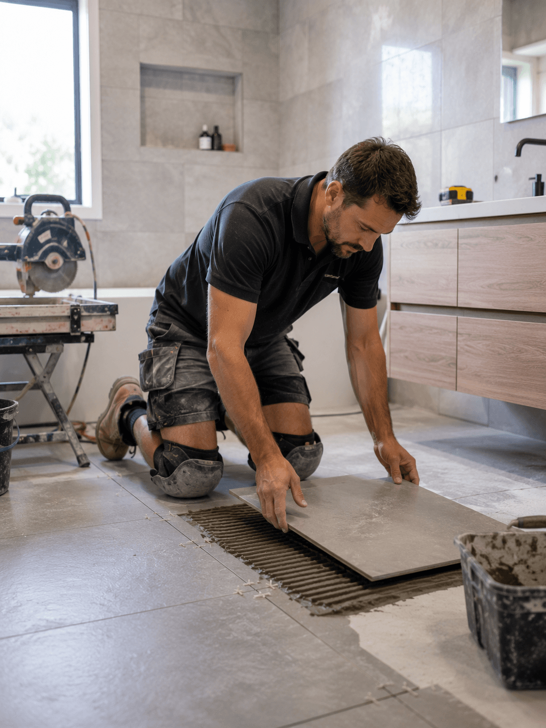 Tiler laying tiles in an Australian bathroom renovation — tilers insurance