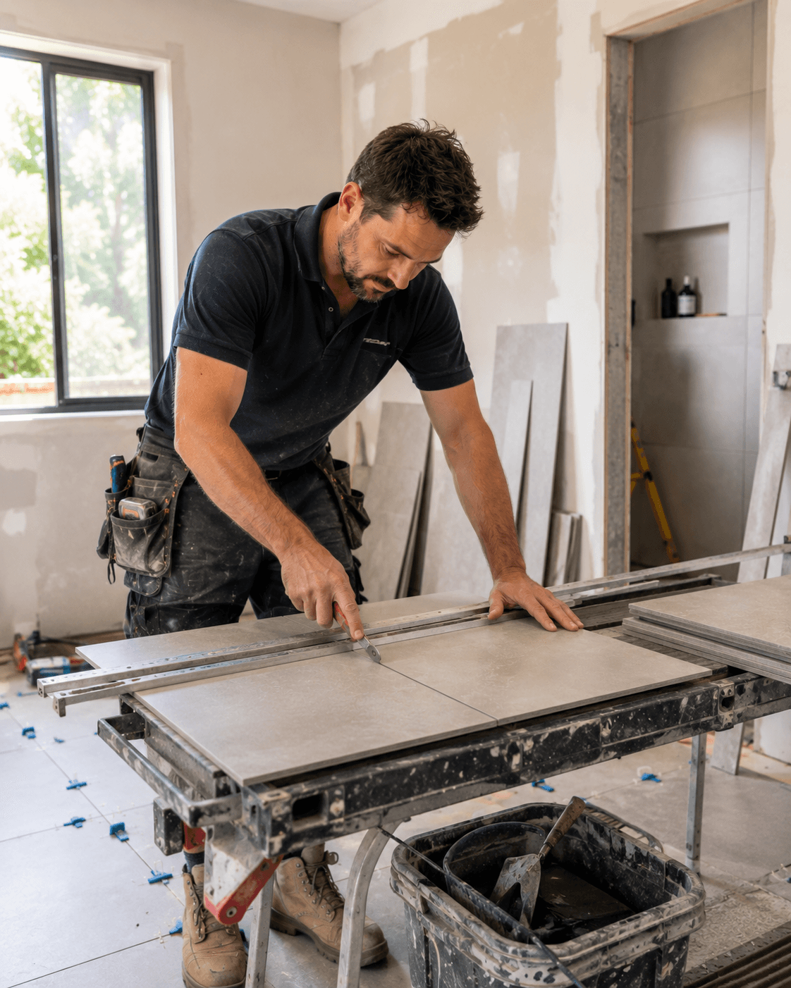 Tiler measuring and cutting tiles on an Australian job site — Ideal Insurance Brokers
