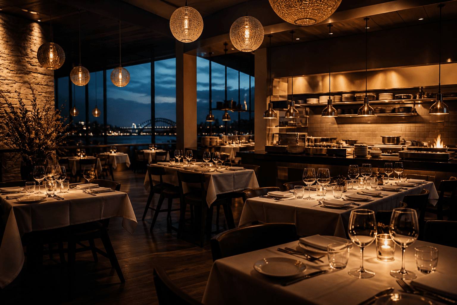 Warm evening dining room in a modern Australian restaurant