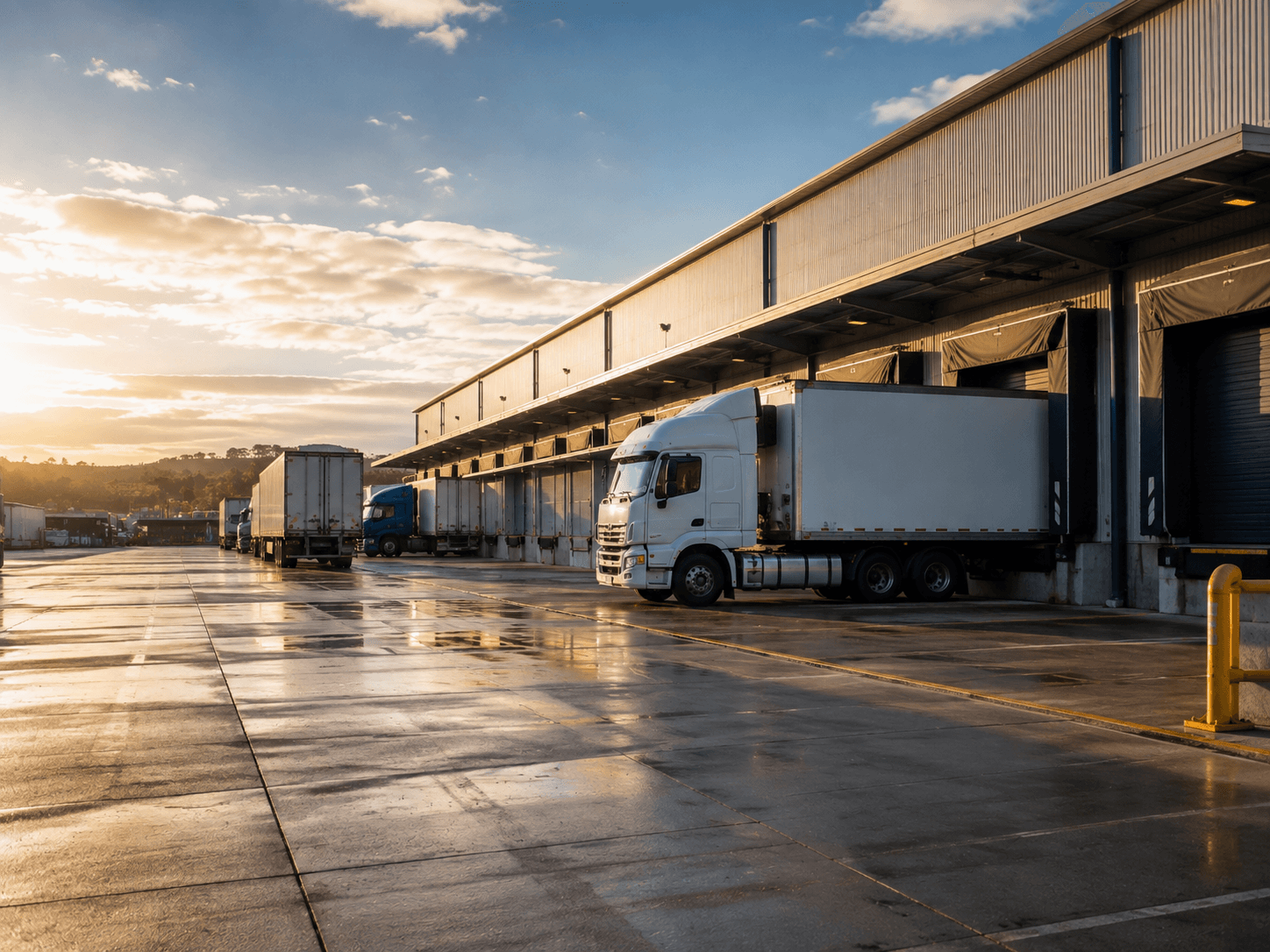 White truck at warehouse loading docks at sunset — truck insurance